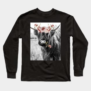 Highland Cow Portait with Watercolor Flowers Long Sleeve T-Shirt